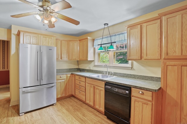2 Stowe Pl, Trumbull, CT 06611 - kitchen with freestanding refrigerator, dishwasher, light brown cabinetry, and light wood finished floors
