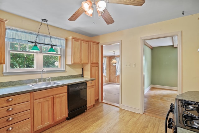 2 Stowe Pl, Trumbull, CT 06611 - kitchen featuring black appliances, light wood-style floors, light brown cabinetry, a ceiling fan, and decorative light fixtures