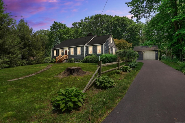 2 Stowe Pl, Trumbull, CT 06611 - ranch-style home featuring driveway, an outdoor structure, a lawn, and a chimney