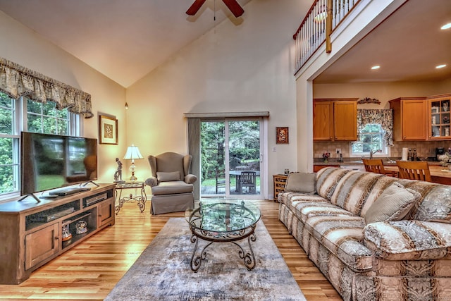 123 Meadow Brook Rd Unit 123, Oxford, CT 06478 - living room with ceiling fan, light wood-style flooring, high vaulted ceiling, and recessed lighting