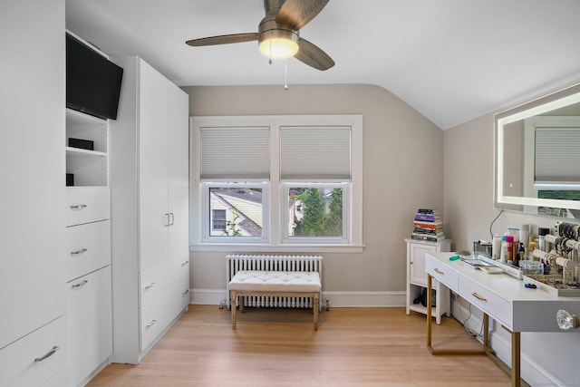 185 Lovers Ln, Fairfield, CT 06824 - office space featuring radiator heating unit, vaulted ceiling, a ceiling fan, and light wood-style floors