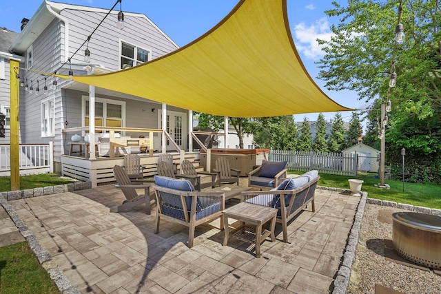 185 Lovers Ln, Fairfield, CT 06824 - view of patio featuring a hot tub, an outdoor hangout area, and a wooden deck