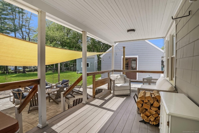 185 Lovers Ln, Fairfield, CT 06824 - wooden terrace featuring a lawn, an outdoor hangout area, and outdoor dining area