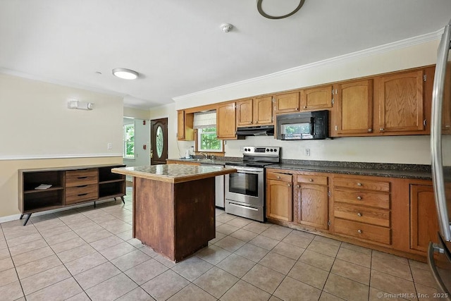26 Paula Rd, East Haddam, CT 06423 - kitchen featuring stainless steel electric range, black microwave, under cabinet range hood, ornamental molding, and light tile patterned floors
