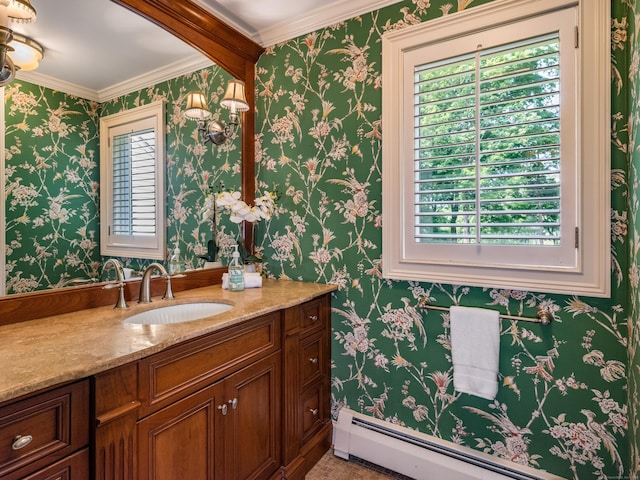 15 NE Rd, Farmington, CT 06032 - bathroom featuring baseboard heating, vanity, and crown molding