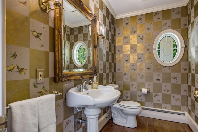15 NE Rd, Farmington, CT 06032 - bathroom featuring a baseboard heating unit, ornamental molding, wood finished floors, and tile walls