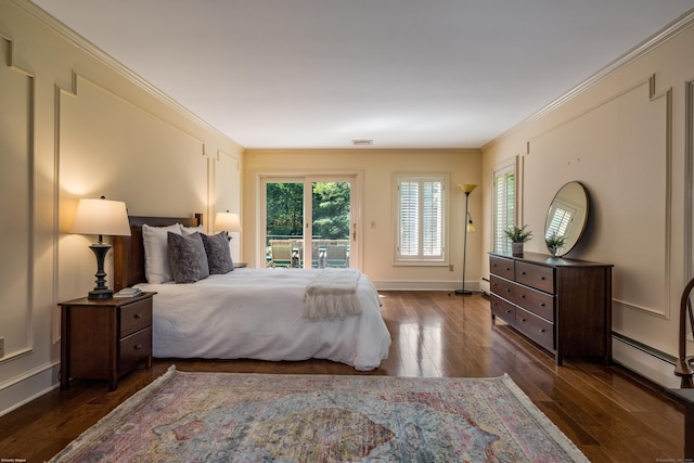15 NE Rd, Farmington, CT 06032 - bedroom featuring a baseboard heating unit, access to exterior, dark wood finished floors, and crown molding