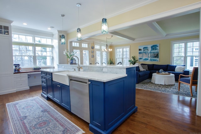 3 Ridgebury Rd, Simsbury, CT 06001 - kitchen with blue cabinets, dishwasher, a sink, open floor plan, and crown molding