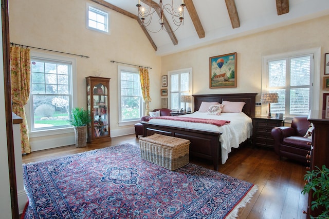 3 Ridgebury Rd, Simsbury, CT 06001 - bedroom with high vaulted ceiling, a chandelier, dark wood-type flooring, and beam ceiling