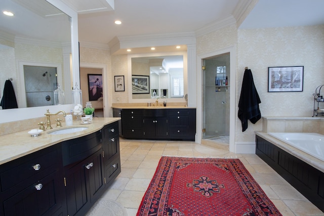 3 Ridgebury Rd, Simsbury, CT 06001 - full bath featuring ornate columns, a garden tub, two vanities, crown molding, and a shower stall