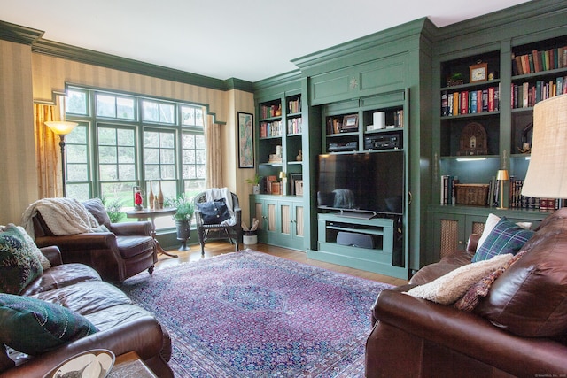 3 Ridgebury Rd, Simsbury, CT 06001 - living room featuring wood finished floors, built in shelves, and ornamental molding