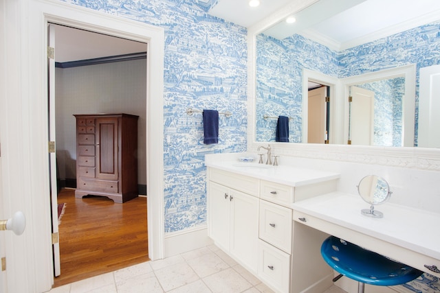 3 Ridgebury Rd, Simsbury, CT 06001 - bathroom featuring wallpapered walls, baseboards, vanity, and crown molding