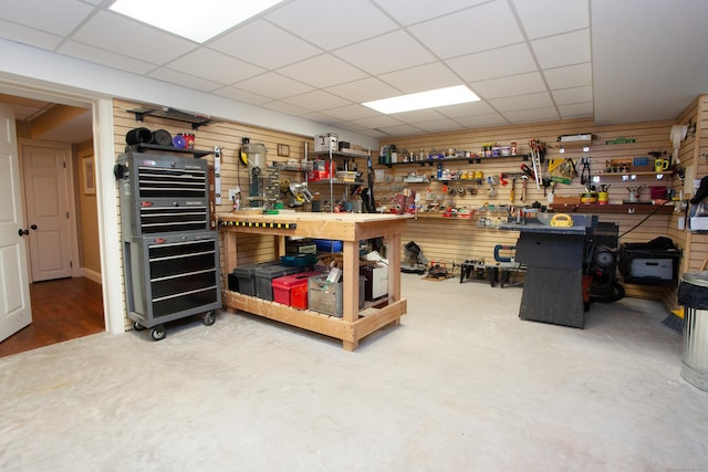 3 Ridgebury Rd, Simsbury, CT 06001 - misc room featuring a workshop area, a drop ceiling, and concrete floors