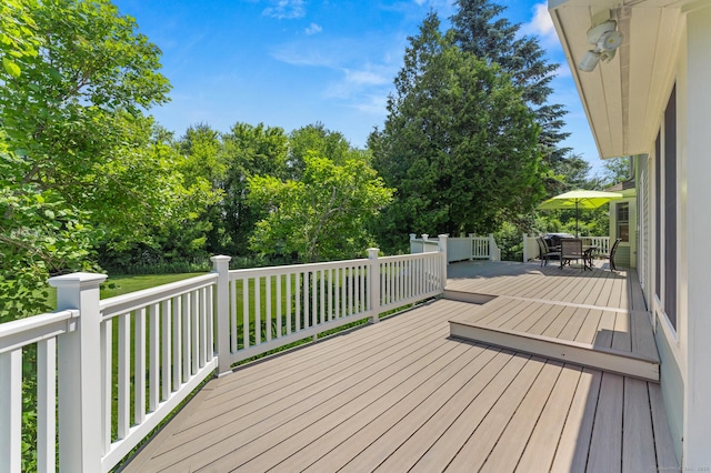 101 Overton Farm Dr, Southbury, CT 06488 - wooden deck featuring outdoor dining space and view of scattered trees