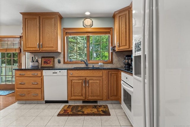 101 Overton Farm Dr, Southbury, CT 06488 - kitchen featuring white appliances, backsplash, brown cabinets, and recessed lighting