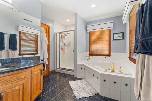 101 Overton Farm Dr, Southbury, CT 06488 - full bath with a stall shower, a whirlpool tub, a wall mounted air conditioner, vanity, and recessed lighting