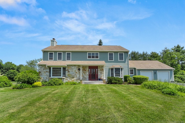101 Overton Farm Dr, Southbury, CT 06488 - colonial inspired home with a chimney, a garage, stone siding, and a front lawn