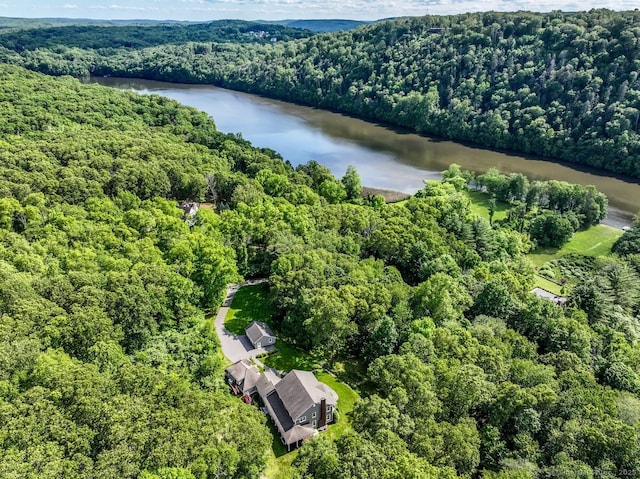drone / aerial view of a heavily wooded area and a nearby body of water