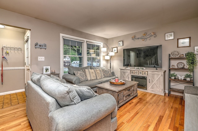 39 Jackson Dr Unit 39, Milford, CT 06460 - living room featuring light wood-style flooring, baseboards, and a glass covered fireplace