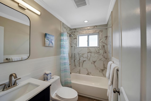74 Morgan Ave, East Haven, CT 06512 - full bathroom featuring ornamental molding, toilet, shower / bath combo, vanity, and wainscoting