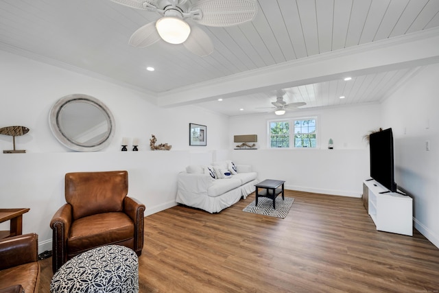 74 Morgan Ave, East Haven, CT 06512 - living area featuring a ceiling fan, wood ceiling with exposed beams, ornamental molding, wood finished floors, and baseboards
