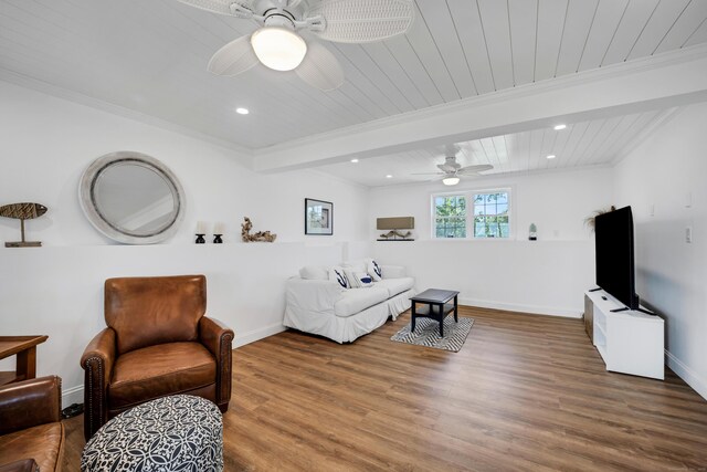 74 Morgan Ave, East Haven, CT 06512 - living area featuring a ceiling fan, wood ceiling with exposed beams, ornamental molding, wood finished floors, and baseboards