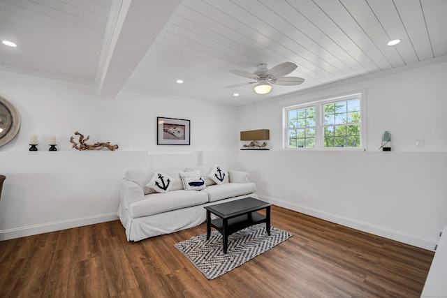 74 Morgan Ave, East Haven, CT 06512 - living room featuring a ceiling fan, wood finished floors, baseboards, wood ceiling with exposed beams, and recessed lighting