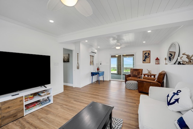 74 Morgan Ave, East Haven, CT 06512 - living room featuring wooden ceiling, a ceiling fan, a wall mounted air conditioner, crown molding, and light wood-style flooring