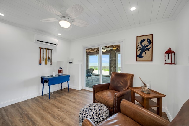74 Morgan Ave, East Haven, CT 06512 - sitting room featuring a wall mounted air conditioner, crown molding, a ceiling fan, recessed lighting, and wood ceiling