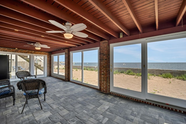 74 Morgan Ave, East Haven, CT 06512 - sunroom with ceiling fan, a water view, and beamed ceiling