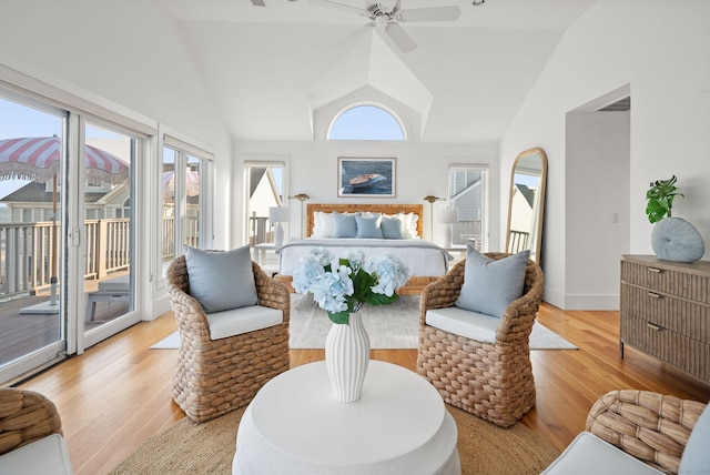 685 Fairfield Beach Rd Unit 685, Fairfield, CT 06824 - bedroom with access to outside, light wood-type flooring, ceiling fan, and high vaulted ceiling