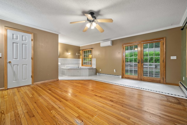 9 Philip Ln, Ledyard, CT 06339 - unfurnished living room with a wall unit AC, a baseboard heating unit, wood finished floors, a ceiling fan, and ornamental molding