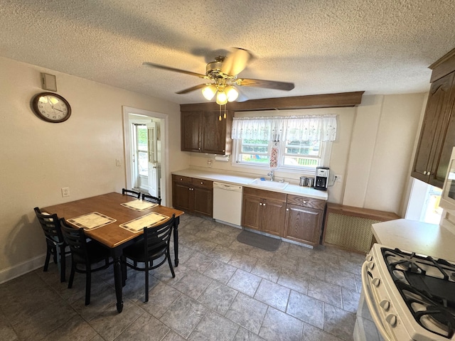 155 Harding St, New Britain, CT 06052 - kitchen featuring white appliances, ceiling fan, light countertops, a textured ceiling, and dark brown cabinetry