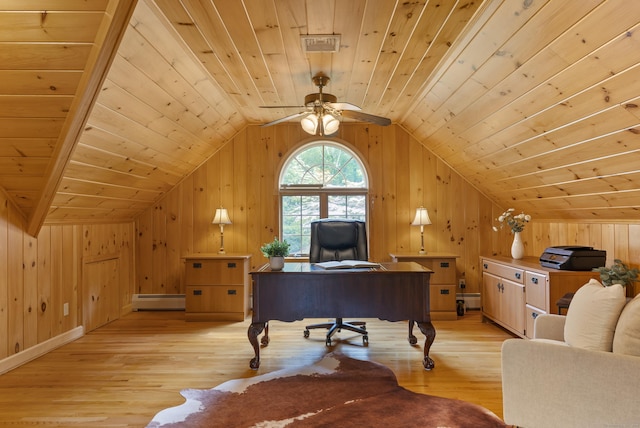 109 Andrew Dr, Canton, CT 06019 - office space featuring baseboard heating, light wood-style flooring, vaulted ceiling, wooden walls, and wood ceiling