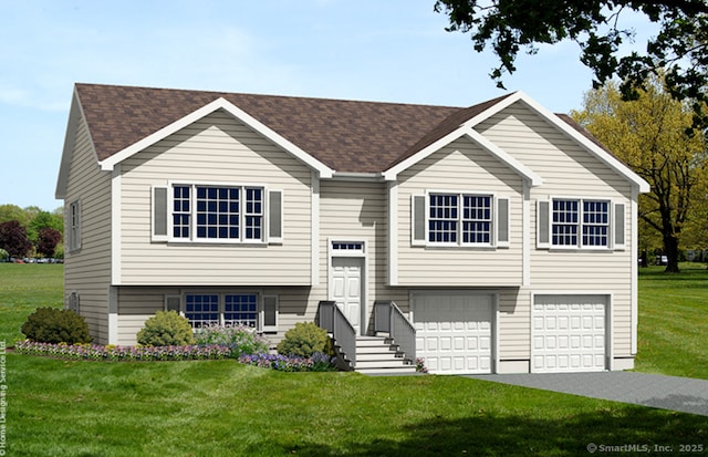 110 Willowbrook Rd, Cromwell, CT 06416 - raised ranch featuring a garage, roof with shingles, and a front yard