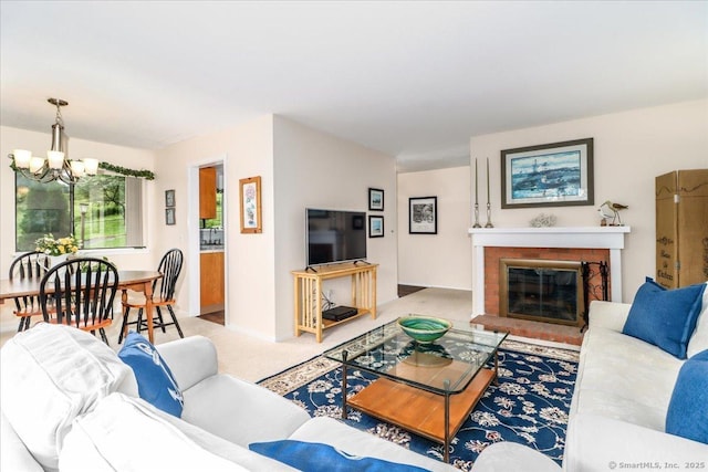192 Heritage Vlg Unit A, Southbury, CT 06488 - carpeted living room with a chandelier and a fireplace