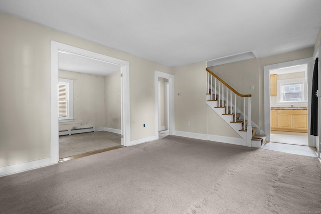 3 Price Ct, East Hartford, CT 06108 - unfurnished living room with a baseboard radiator, carpet, stairway, a sink, and baseboards