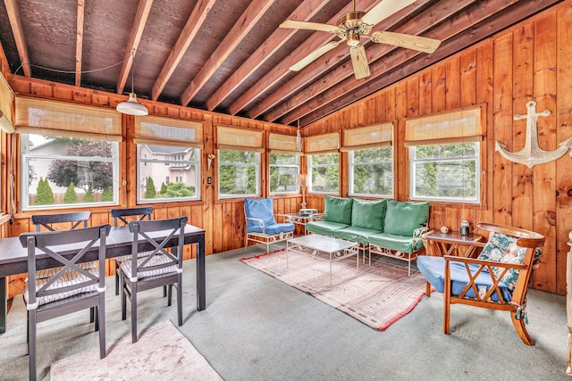40 Cutspring Rd, Stratford, CT 06614 - sunroom with an outdoor living space, carpet, vaulted ceiling, wood walls, and ceiling fan