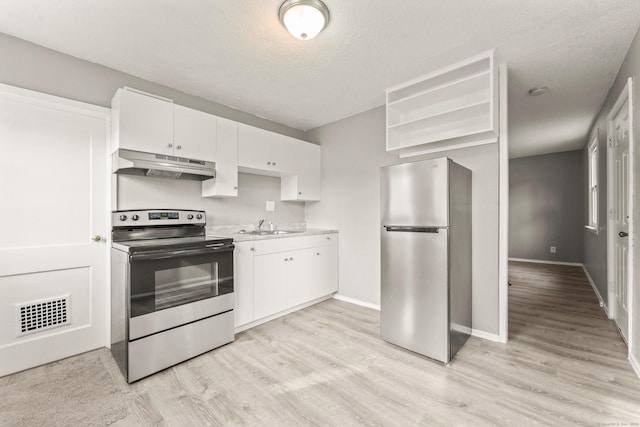 101 Cannon Rd, East Hartford, CT 06108 - kitchen with stainless steel appliances, under cabinet range hood, white cabinets, light wood finished floors, and a textured ceiling