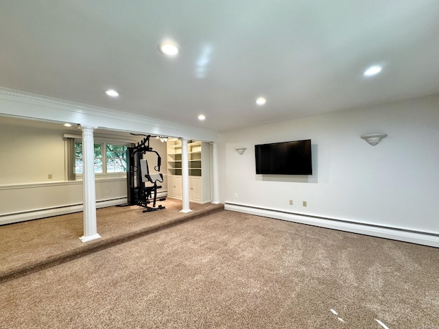 17 Currituck Rd, Newtown, CT 06470 - workout area featuring carpet floors, a baseboard radiator, recessed lighting, decorative columns, and baseboards