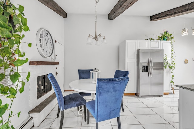 575 W Todd St, Hamden, CT 06518 - dining space with beamed ceiling, light marble finish flooring, a fireplace, a chandelier, and a baseboard heating unit