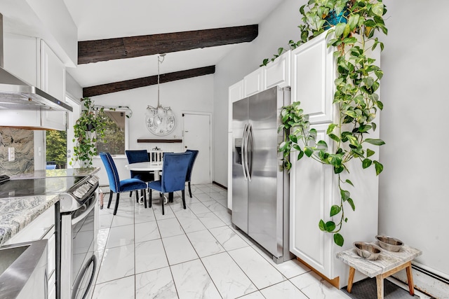 575 W Todd St, Hamden, CT 06518 - kitchen with appliances with stainless steel finishes, wall chimney exhaust hood, white cabinets, decorative light fixtures, and a chandelier