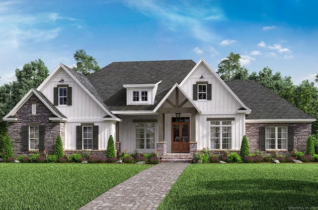 LOT5A William Way, Harwinton, CT 06791 - view of front facade with board and batten siding, stone siding, a front yard, and french doors