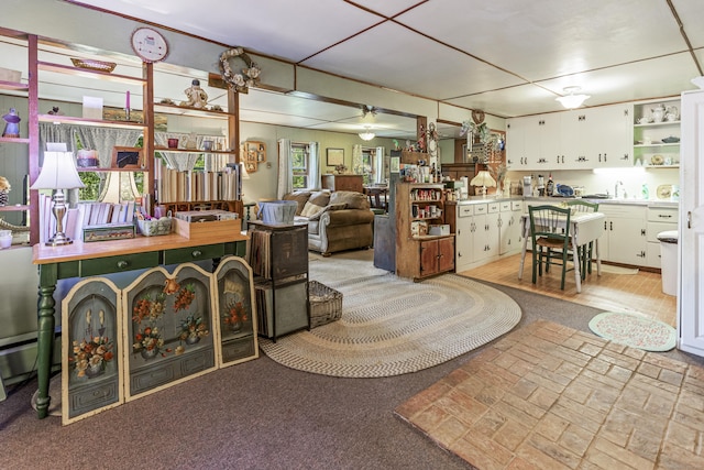 28 Oak Dr, Woodstock, CT 06282 - living room featuring brick patterned flooring and ceiling fan