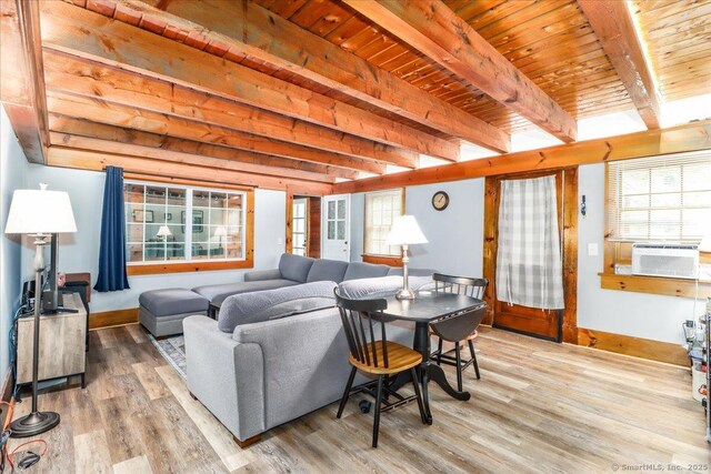 206 Litchfield Tpke, Washington, CT 06777 - living area with wood finished floors, baseboards, plenty of natural light, and wood ceiling with exposed beams