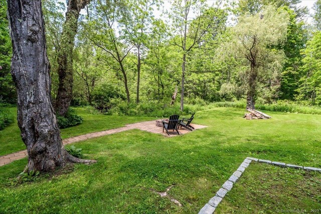 206 Litchfield Tpke, Washington, CT 06777 - view of green lawn with a fire pit, a patio area, and a view of trees
