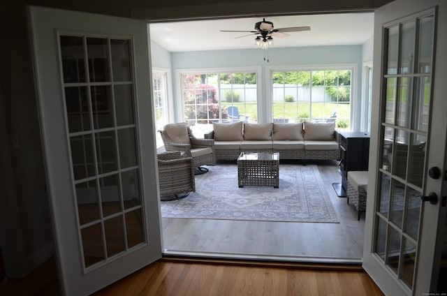 55 Cloudland Rd, North Haven, CT 06473 - living area with a ceiling fan, wood finished floors, and french doors