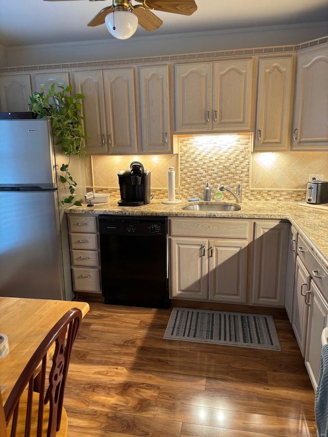 42 Salem Walk Unit 42, Milford, CT 06460 - kitchen featuring dishwasher, freestanding refrigerator, a sink, ornamental molding, and a ceiling fan
