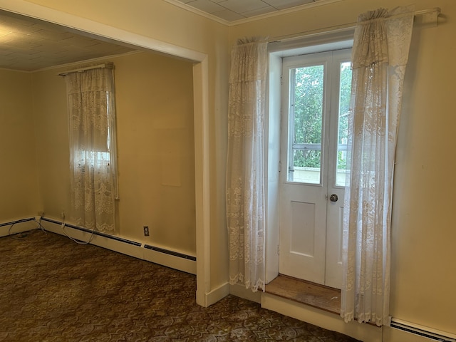 48 Anderson St, Naugatuck, CT 06770 - doorway to outside with baseboard heating, crown molding, and carpet floors