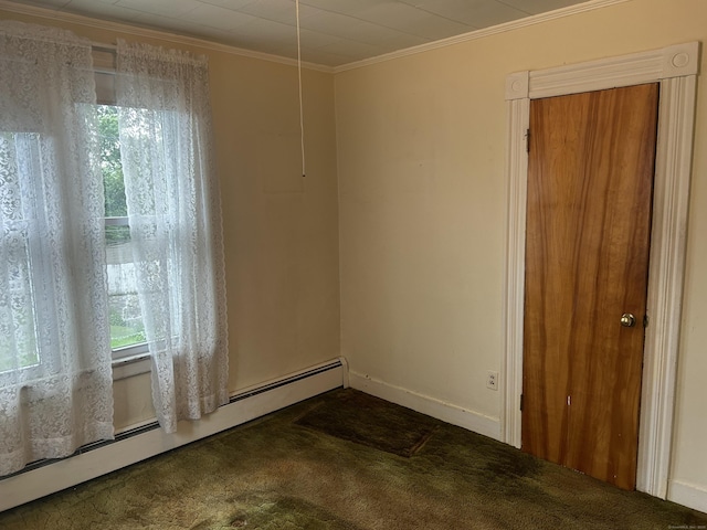 48 Anderson St, Naugatuck, CT 06770 - empty room featuring a baseboard heating unit, dark carpet, ornamental molding, and baseboards